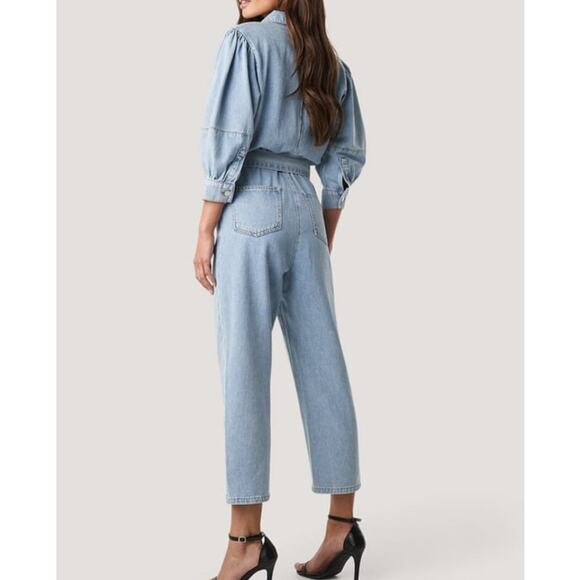 NA-KD NWT Cotton Denim Jean Belted Puff Sleeve Button Collard Denim Jumpsuit - Picture 7 of 11